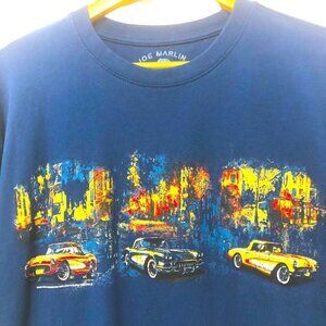 Joe Marlin Graphic Tee Vintage Corvettes Men's Size L 100% Cotton Royal Blue